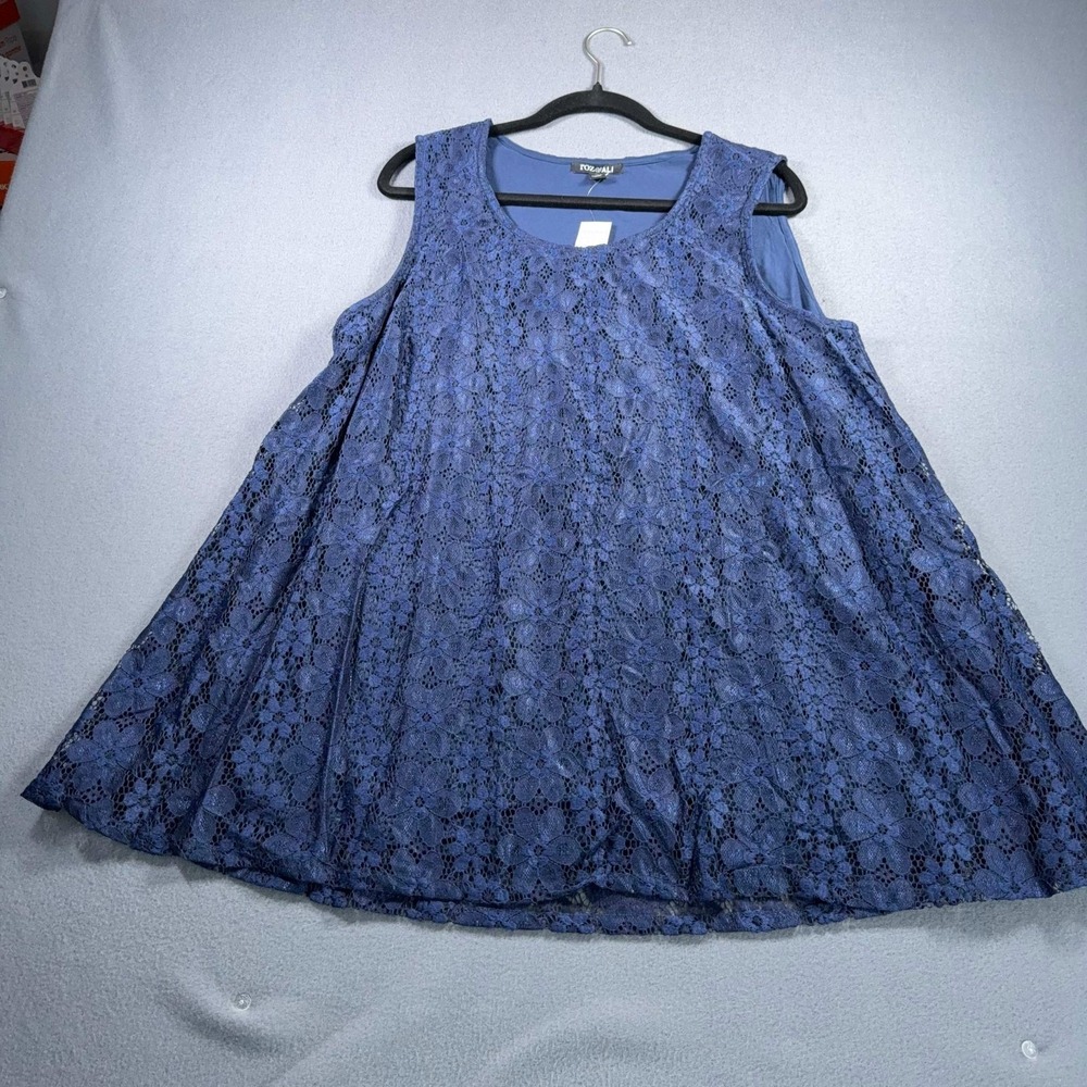 Roz & Ali Women's 2X Navy Blue Floral Lace Overlay Top Plus Size NWT Elegant
